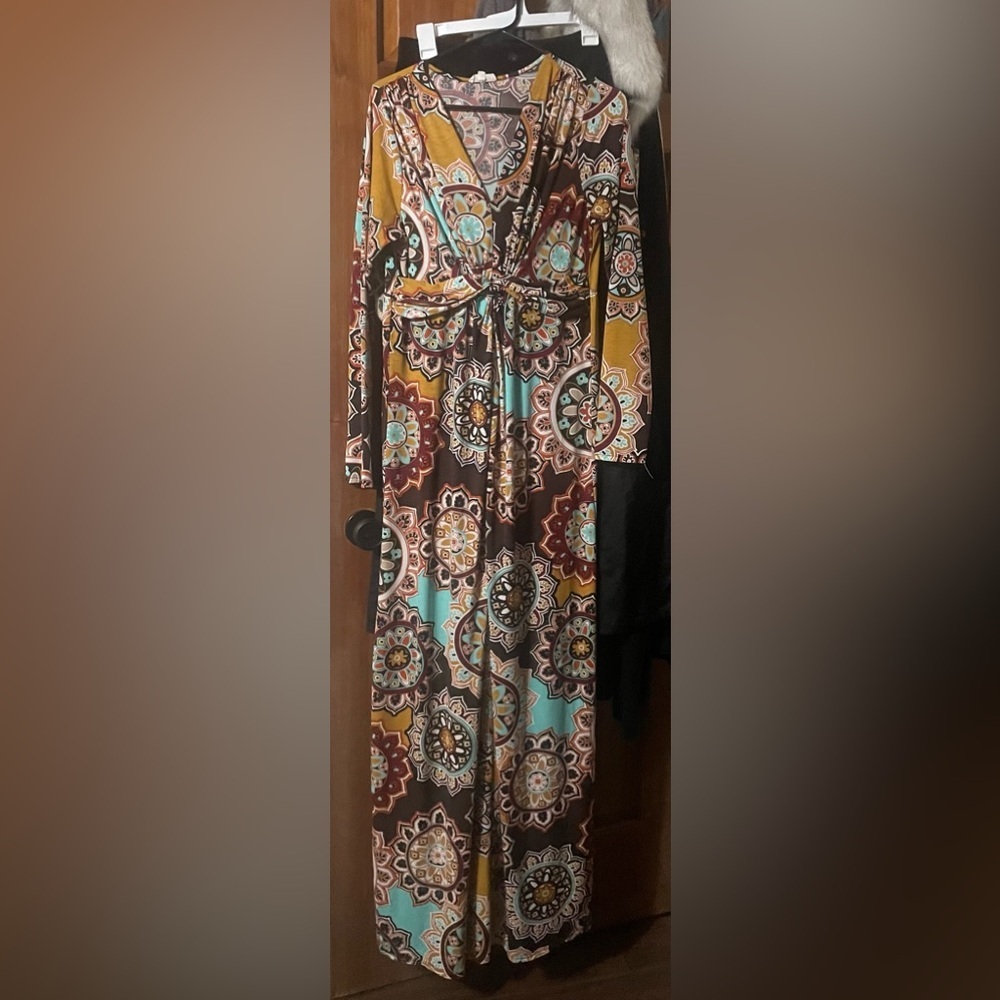 Sweet Love Floral Bohemian Maxi Dress in Turquoise, Mustard & Brown
